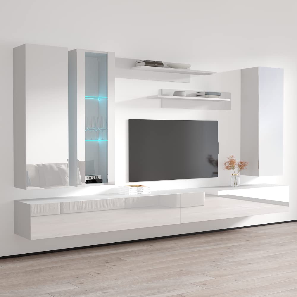 Meble Furniture Fly E1 30TV Stand Wall-Mounted Entertainment Center — Floating Design with Storage Shelves and LED Lighting — Modern High Gloss, 59.1 x 14.2 x 15.7 inches — White