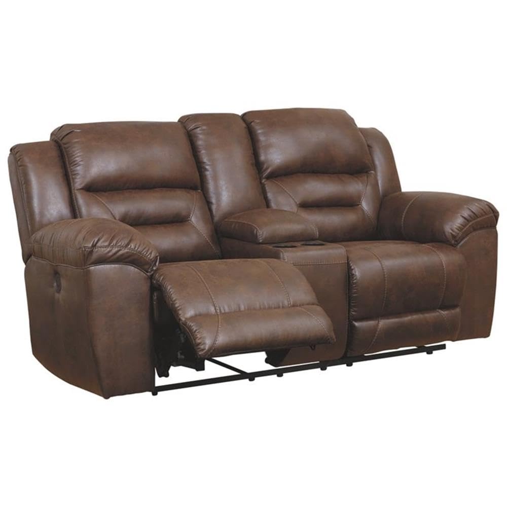 Signature Design by Ashley Stoneland Faux Leather Power Double Reclining Loveseat with Center Console, Dark Brown