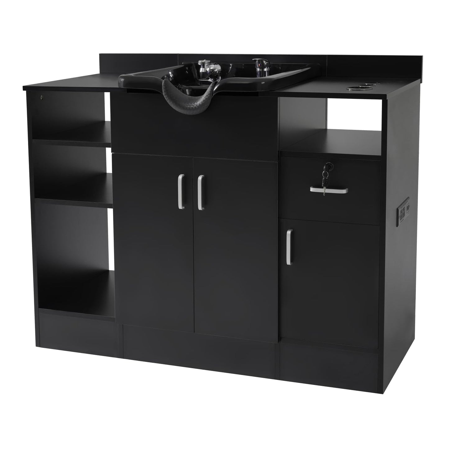 Shampoo Backwash Station for Salons, Salon Station with Shampoo Bowl & Storage Layer, Drawer, USB Port, Faucet Sprayer, Salon Equipment for Spa Beauty