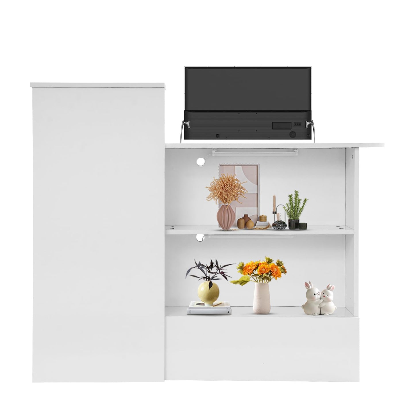 DDBESSIC Reception Desk Counter with Lockable Drawer and Open Shelves, Office Front Desk with Lights, 47 X 20in Reception Counter for Offices, Stores, Restaurants, Beauty Salons (White)