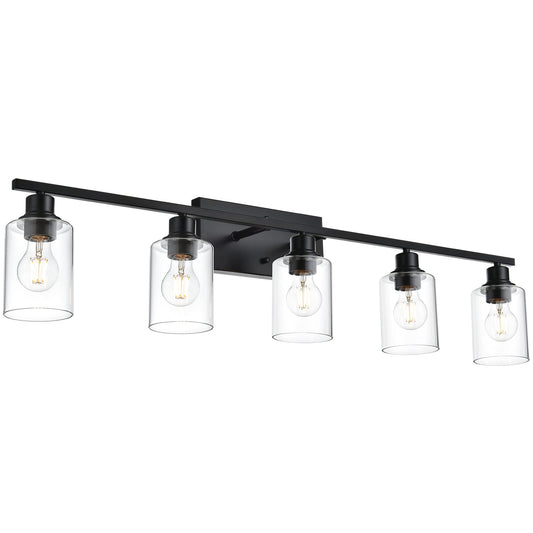 5-Light Modern Bathroom Lighting Fixtures, 40" Matte Black Bathroom Vanity Lights with Clear Glass Shade, Anti-Rust Farmhouse Wall Sconces for Bedroom Cabinet Kitchen E26 Socket (Bulbs Not Included)