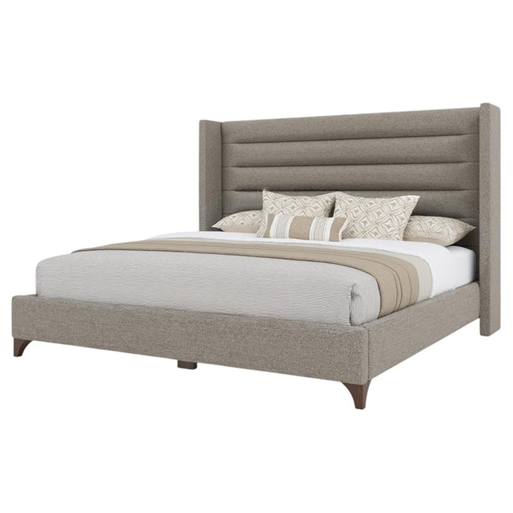 BOWERY HILL King Platform Bed Frame, Gray Performance Fabric Upholstery, Horizontal Channel Tufted Headboard, Solid and Engineered Wood, 57.5 in Tall, Modern Design for Bedroom or Guest Suite