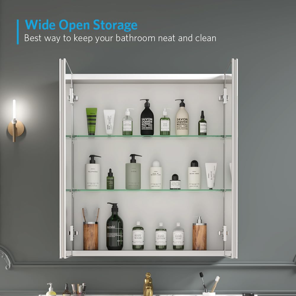 Quavikey 24"x26" 2-Door Medicine Cabinet with Mirror, Recessed or Surface