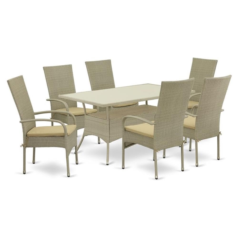 East West Furniture OSOS7-03A 7 Piece Patio Furniture Sets Wicker Outdoor Set Consist of a Rectangle Dining Table with Glass Top and 6 Balcony Armchair with Cushion, 36x60 Inch, Natural Linen