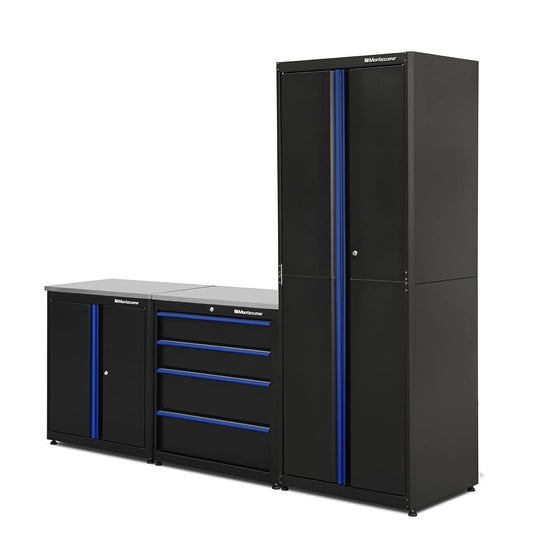 Montezuma Garage Tool Storage System - 3Piece Combo Workbench with Locking Cabinet & Stainless Steel Worktop - SC-EFH
