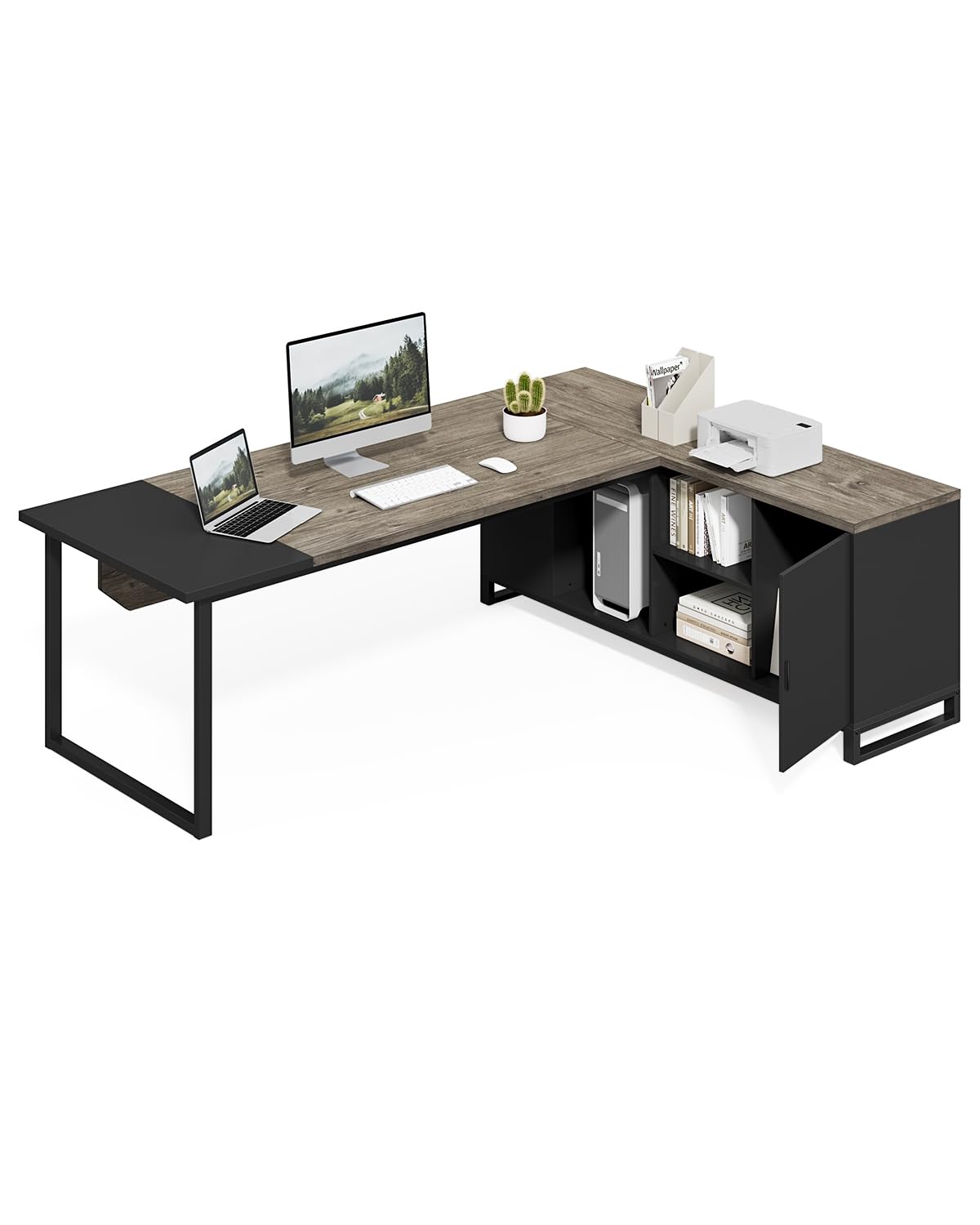 LITTLE TREE 70.8 Inches Executive Desk and 55 Inches File Cabinet Combo, Large L Shaped Computer Desk with Storage Cabinet and Shelves, Modern Business Furniture for Home Office, Grey & Black