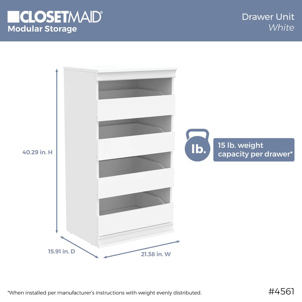 ClosetMaid Modular Storage Unit with 4 Drawers, Wood Closet Organizer, Stacking, Full Backer, Storage, Decorative Trim, White
