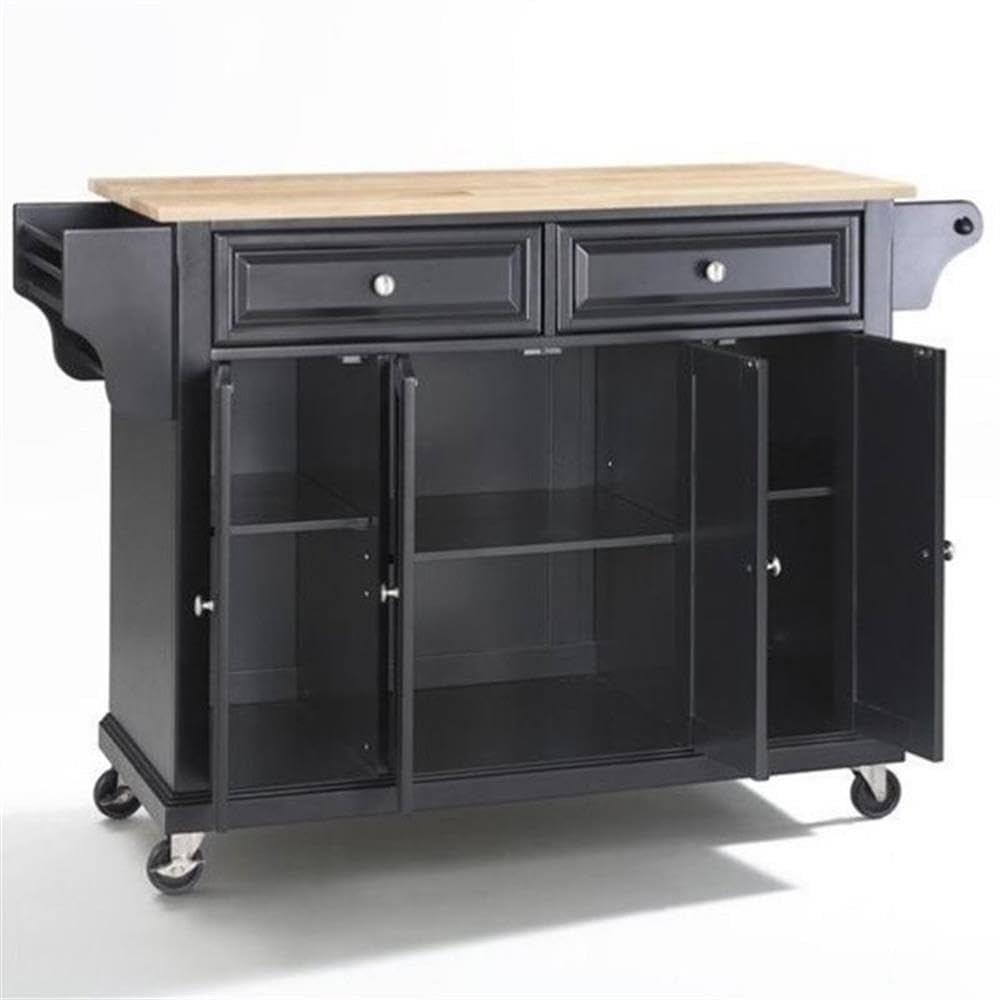 Crosley Furniture Full Size Wood Top Rolling Kitchen Island Storage Cart, Microwave Stand, Spice Rack, Black