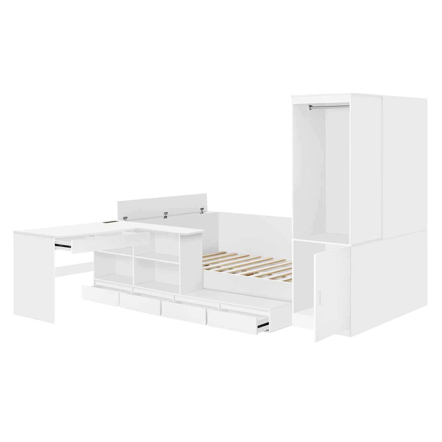 Merax Full Size Platform Bed with 6 Storage Drawers, Wooden Daybed with Desk, Sheves and Wardrobe
