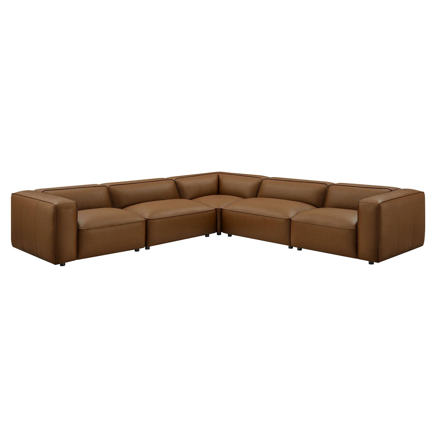Modway Auren Vegan Leather 5 Piece Modular Sofa in Coffee - Faux Leather L Shaped Sectional - Comfy Modern PU Leather Sofa - Oversized Mid Century Modern Couch for Living Room, Apartment