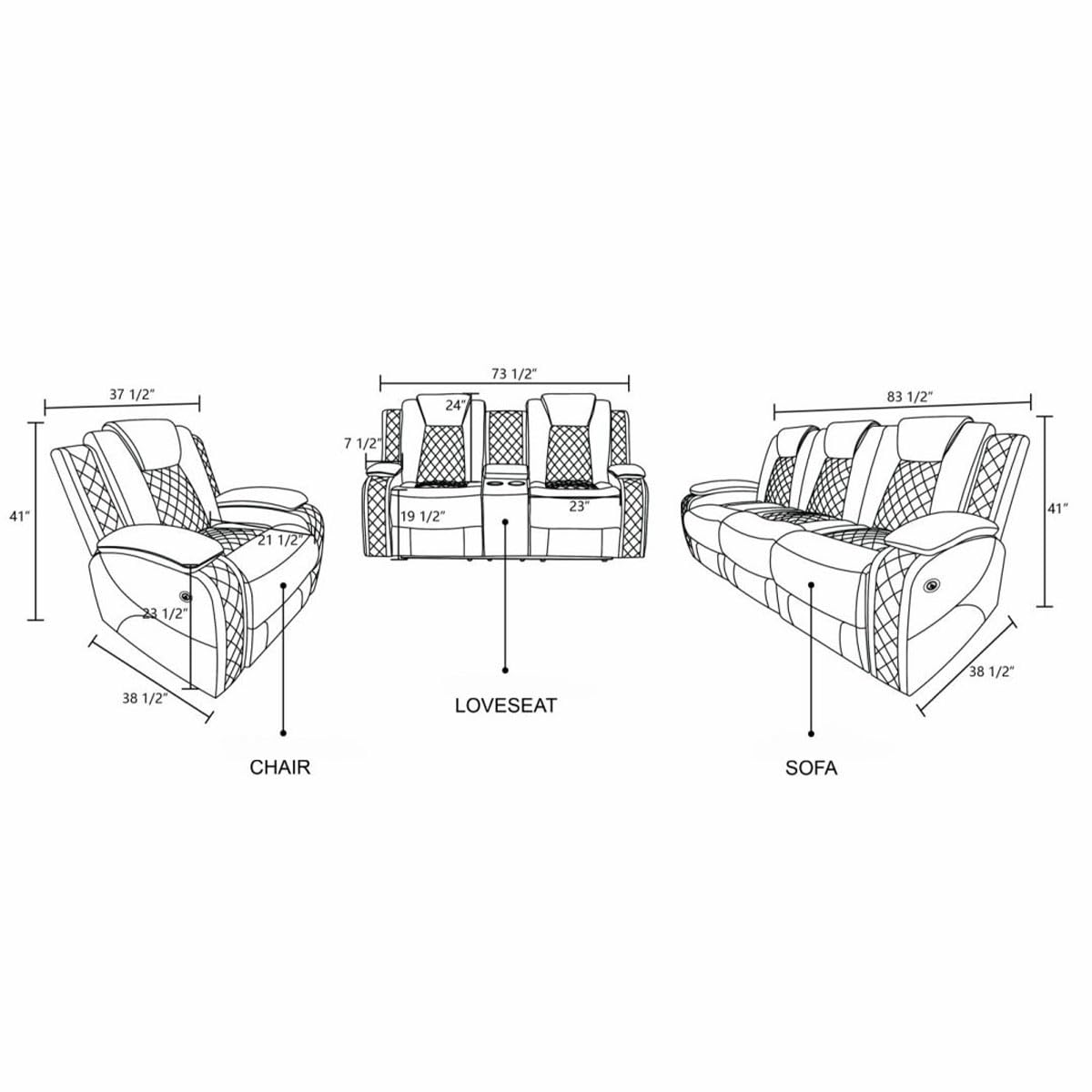 UOCFYK Electric Power Recliner Loveseat Set Living Room Furniture, Comfy Home Theater Breathing Leather Seating with USB 2.0 Charging Ports, LED Light Strips, Mid Console and Cupholders (Black)