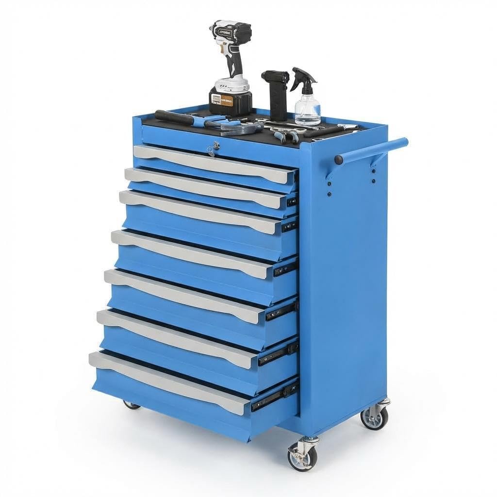 7-Drawer Tool Chest, Rolling Tool Cart with Wheels, Large Capacity Tool Storage Cabinet with Keyed Locking,Drawer Liners&Link Buckle, for Garage, Workshop, Warehouse,24.21"L * 13.78"W * 34.06"H Blue