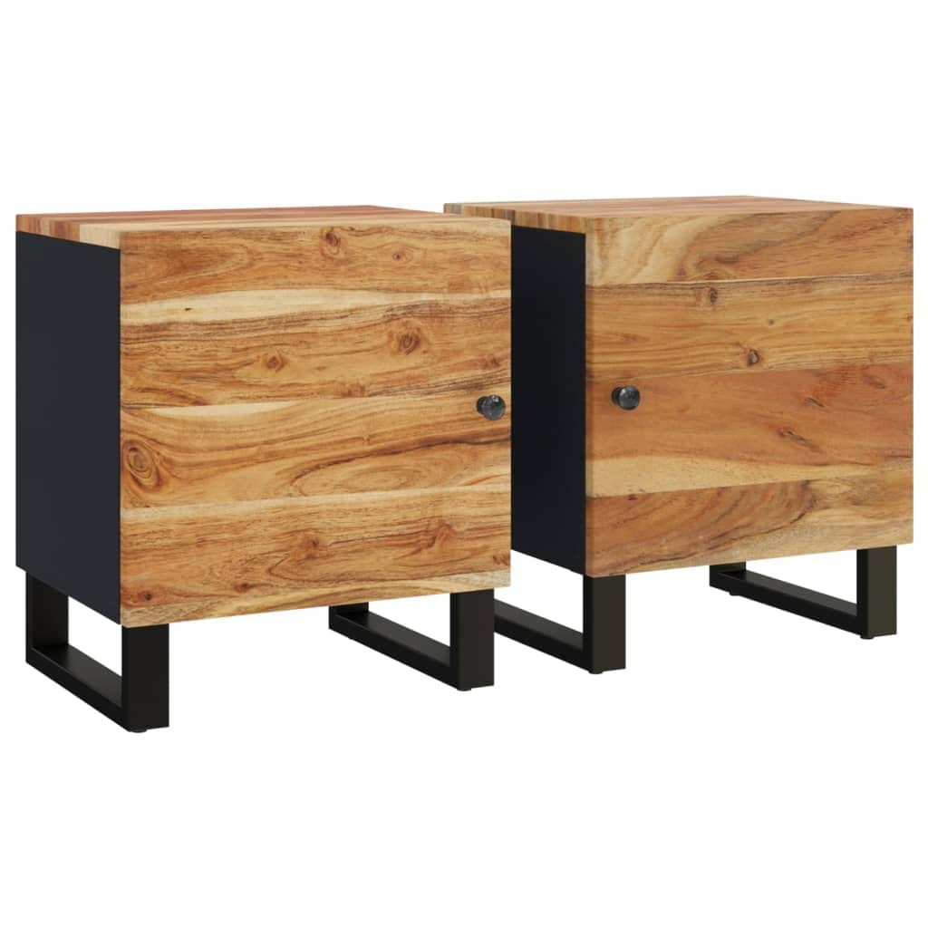 Industrial Style Bedside Cabinet Set of 2, Solid Acacia Wood Nightstand with Black Iron Frame, Natural Wood Finish for Modern Bedroom Storage