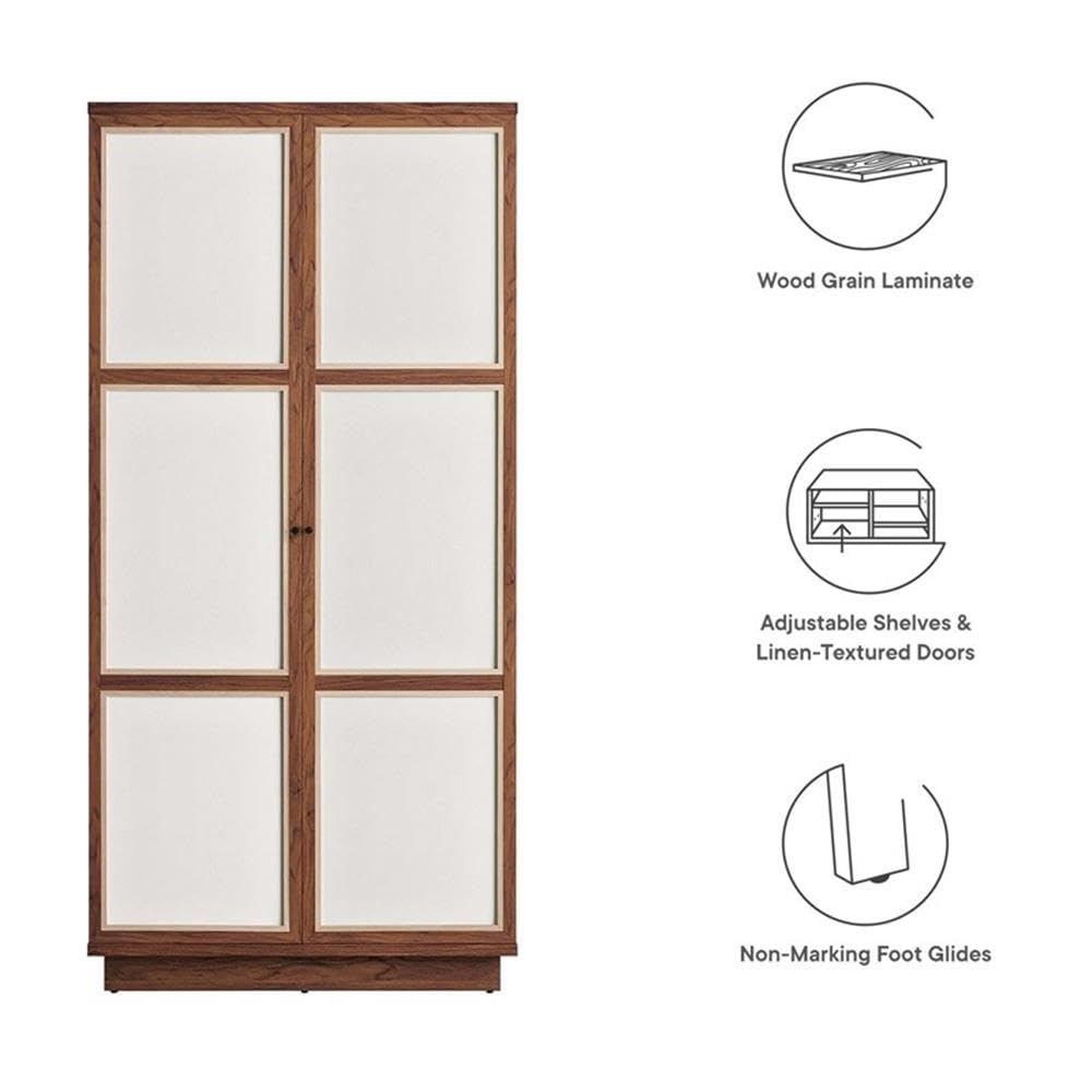 Pemberly Row Modern 70 in Tall Wood Grain Storage Cabinet, Walnut Finish, MDF and Particleboard Construction, Linen-Textured Doors, Soft-Close Hinges, Adjustable Shelves, Freestanding for Home or