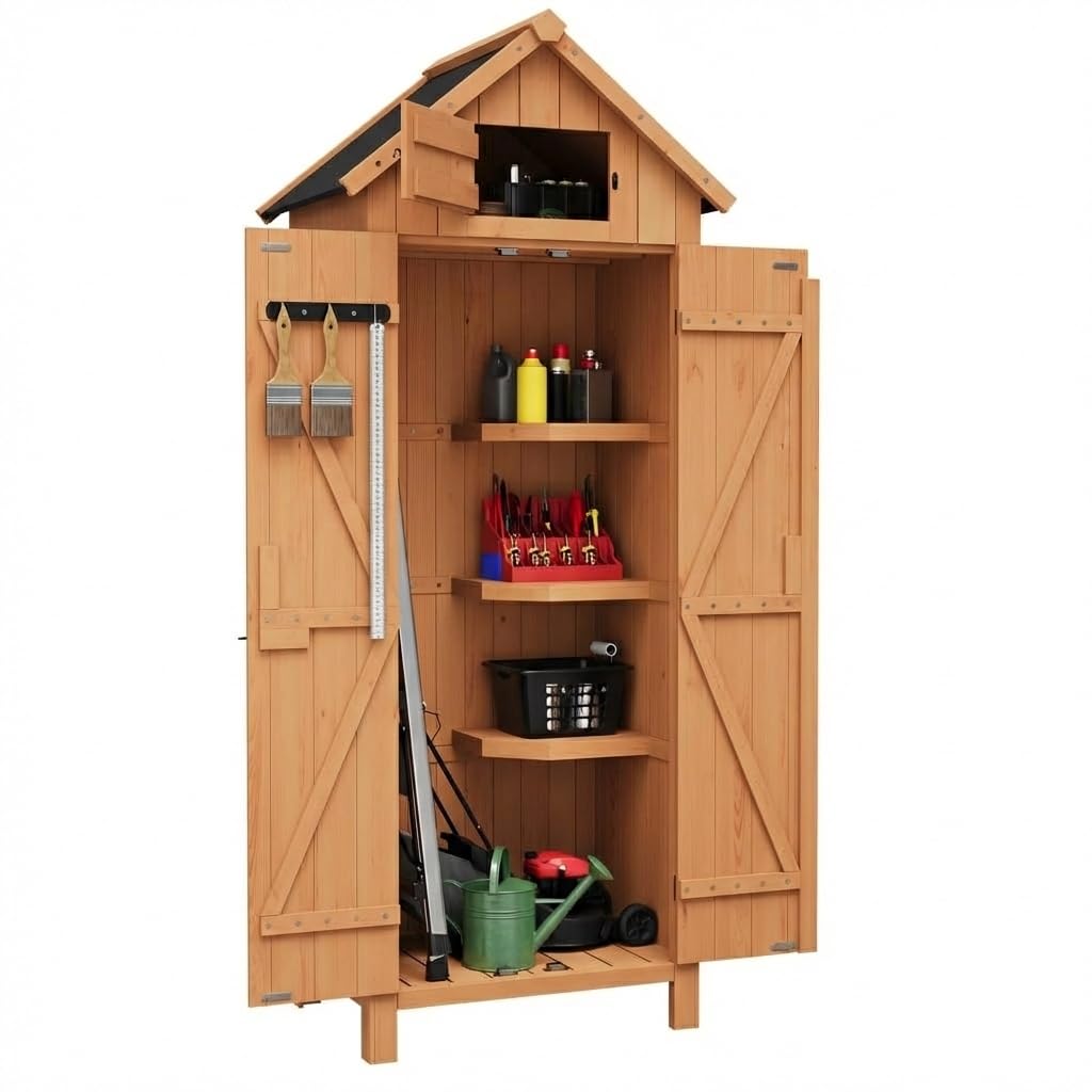 70" Tall Outdoor Storage Shed Cabinet - Vertical Garden Tools Organizer with Waterproof Roof, Lockable Doors & Shelves, Wooden Patio Storage for Yard, Deck, Lawn Equipment