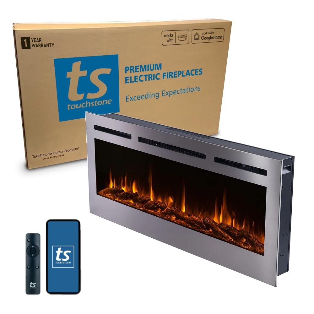 Touchstone Sideline Deluxe -Stainless Steel Smart Electric Fireplace- 50" Wide- Alexa/WiFi-Enabled- in Wall Recessed- 5 Flame Settings- 9 Flame Colors- 1,500W Heater- Log & Crystal Options- 86273
