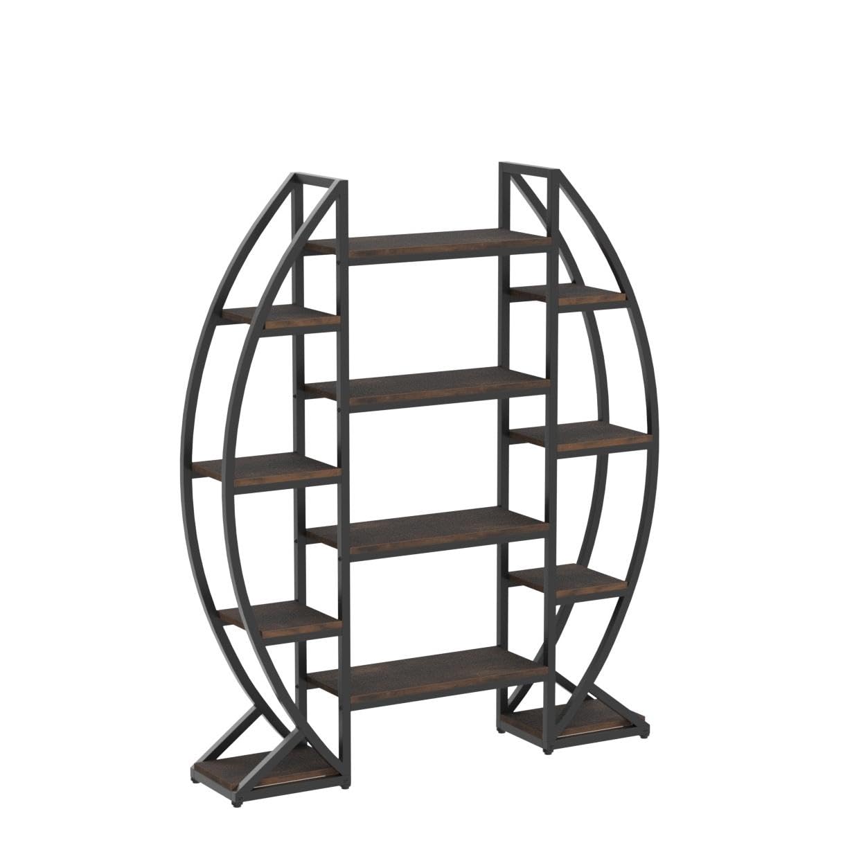 Tribesigns Oval Bookshelf, Triple Wide 5 Tier Etagere Bookcase, Industrial Display Shelves for Living Room (Brown, 55")