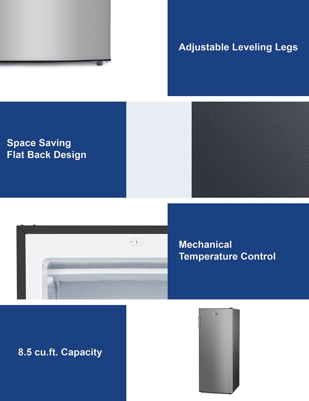 BLACK+DECKER 8.5 Cu. Ft. Upright Freezer, Stand Up Freezer with Mechanical Temperature Control,Freezer with 3 Shelves and 4 Door Bins, Manual Defrost,R600a Refrigerant, BUF850LS,Stainless Steel Look
