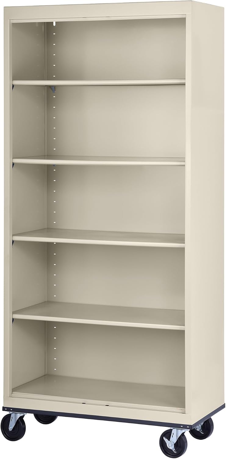 Sandusky Lee BM40361872-07 Mobile Bookcase with 4 Adjustable Shelves, Steel Rolling Bookshelf Storage Cabinet, 78"H, Putty