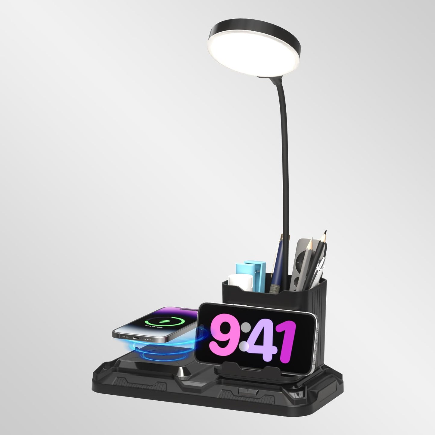 KDD 4 in 1 Desk Lamp with Wireless Charger, 360? Gooseneck, Adjustable White & Warm Light, Black