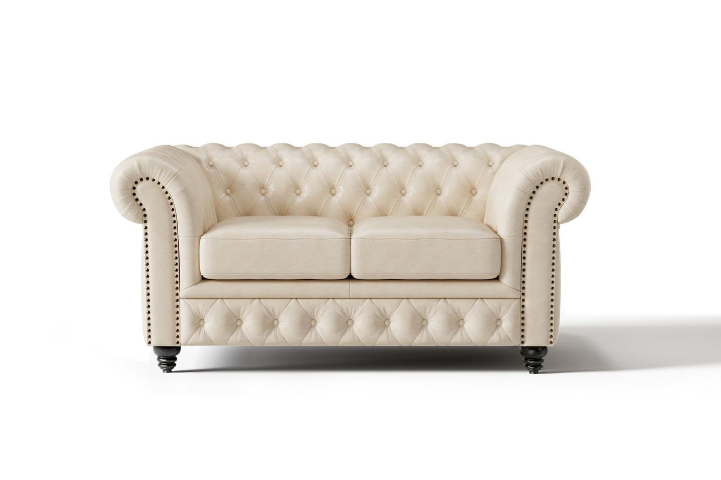 Valencia Parma Chesterfield Loveseat 64" | Premium Full-Aniline Leather | Mid-Century Accent Chair with Classic Button Tufted Back and Wood Legs for Living Room, Antique White