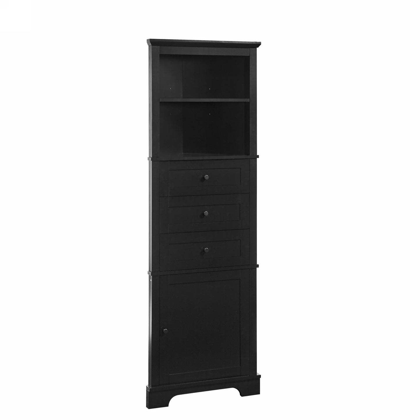 Storage Corner Cabinet with 3 Drawers and Door, Tall Line Pantry Home Space Saver for Bathroom, Living Room, Kitchen, Adjustable Shelf, Black