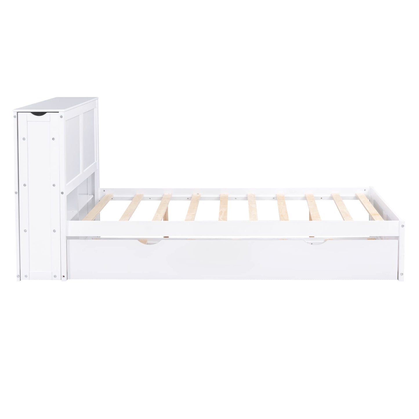 Merax Full Size Storage Platform Bed with Pull Out Shelves and Twin Size Trundle, Wooden Bed Frame with Storage Headboard for Bedroom, No Box Spring Needed