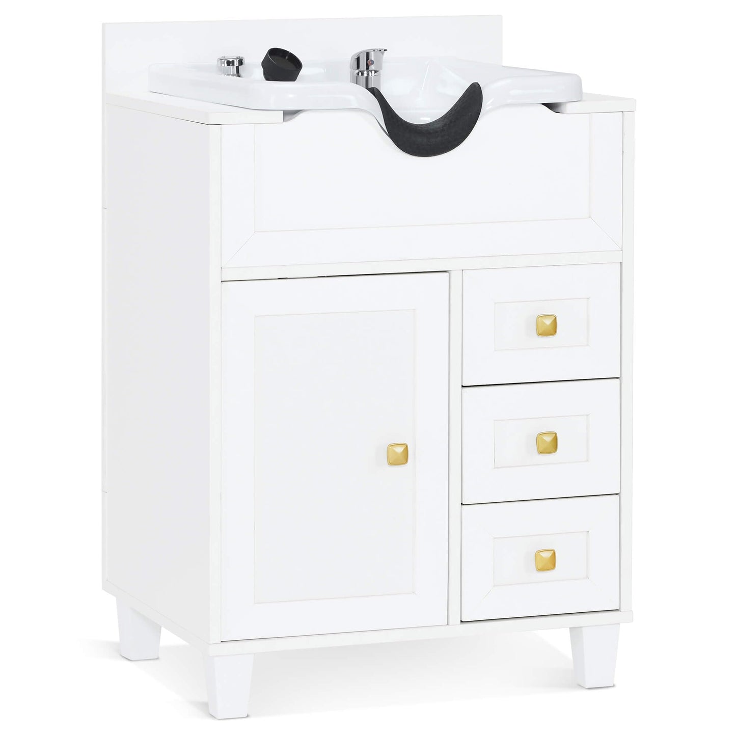 BarberPub Barber Storage Shampoo Station, Spa Textured Embossed Cabinet with Shampoo Bowl & Drawers, Hair Salon Sink Backwash Equipment 7131 (All White)