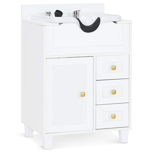 BarberPub Barber Storage Shampoo Station, Spa Textured Embossed Cabinet with Shampoo Bowl & Drawers, Hair Salon Sink Backwash Equipment 7131 (All White)