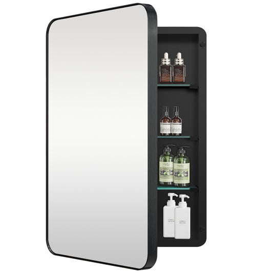 HESONTH Medicine Cabinet with Mirror, 20x26 Inch Black Bathroom Mirrored Cabinet, Metal Framed Wall Cabinet with Mirror, Modern Surface Mount or Recessed Medicine Cabinet with Storage