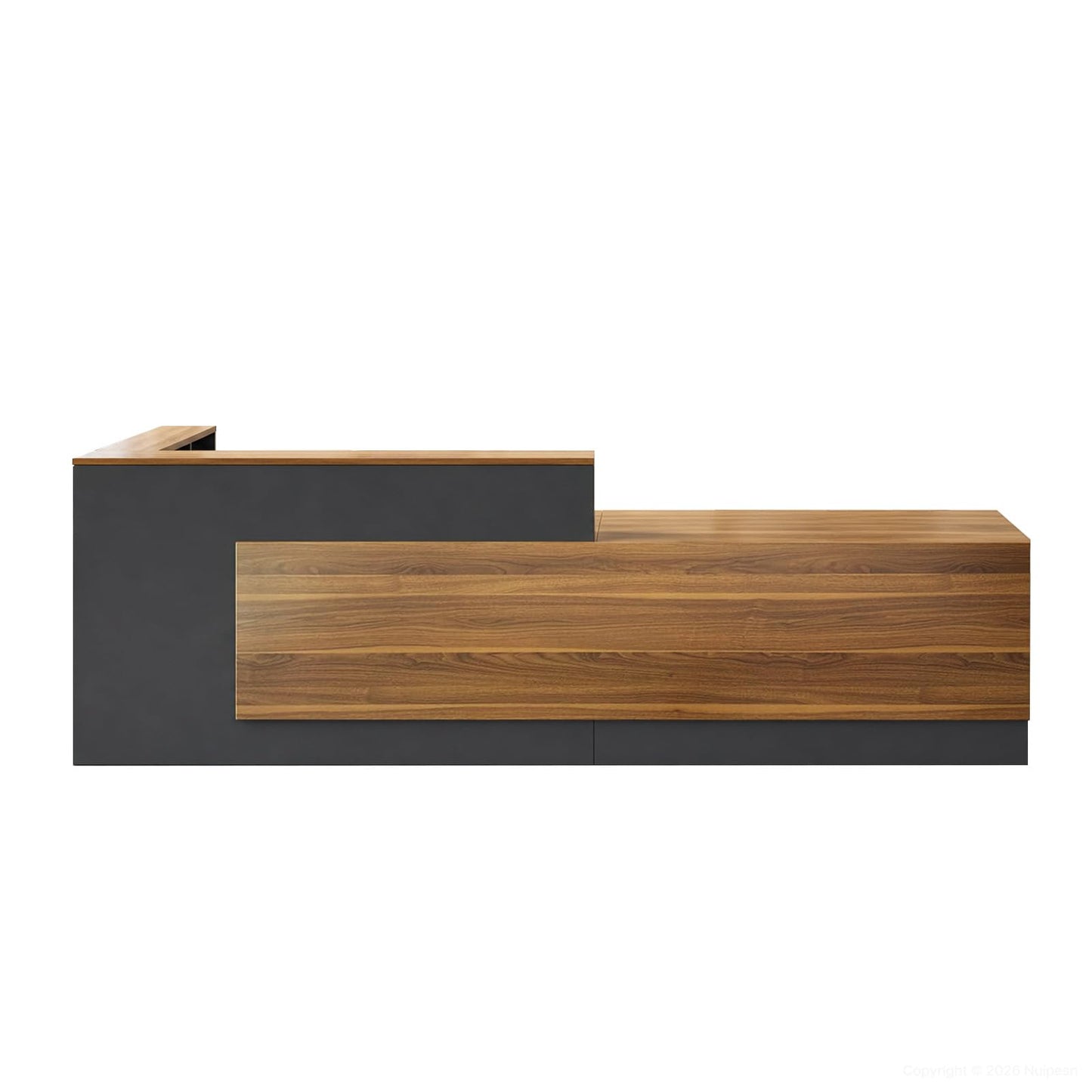 Nuipesn 94" Modern L-Shaped Reception Desk, Front Desk Counter with Drawer, Keyboard Tray and Storage Shelves, Right Layout, Dark Walnut
