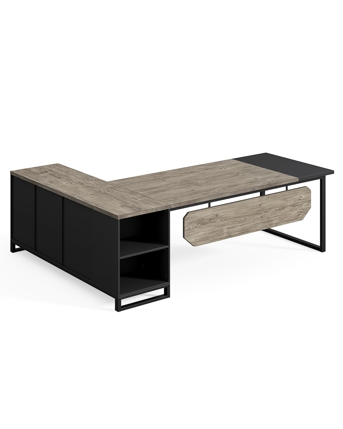 LITTLE TREE 70.8 Inches Executive Desk and 55 Inches File Cabinet Combo, Large L Shaped Computer Desk with Storage Cabinet and Shelves, Modern Business Furniture for Home Office, Grey & Black