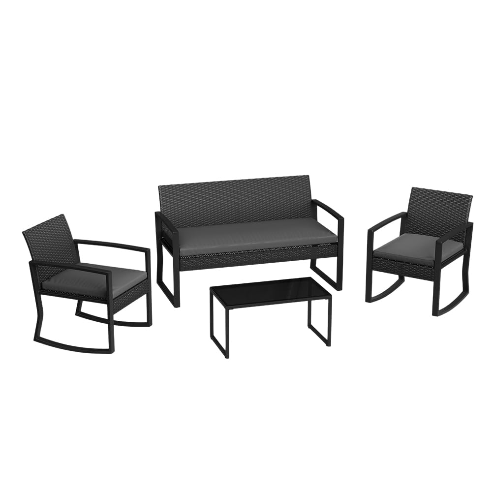 Garvee 4 Piece Patio Furniture Set, PE Rattan Outdoor Rocking Chair Conversation Set with Coffee Table, Outdoor Wicker Patio Table and Chairs Set for Patio, Porch, Backyard, Grey