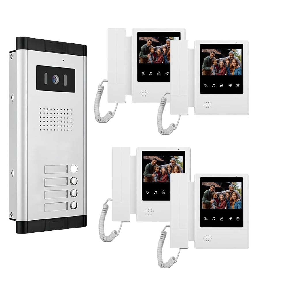 Apartment Video Intercom System,2,3,4,5,6,8,10,12 Household Video Doorbell Kits,Video Doorbell Camera,Wired 4.3 Inches Monitor,2 Way Intercom,IR Outdoor Camera,Monitoring (1- Camera and 4-Screen)