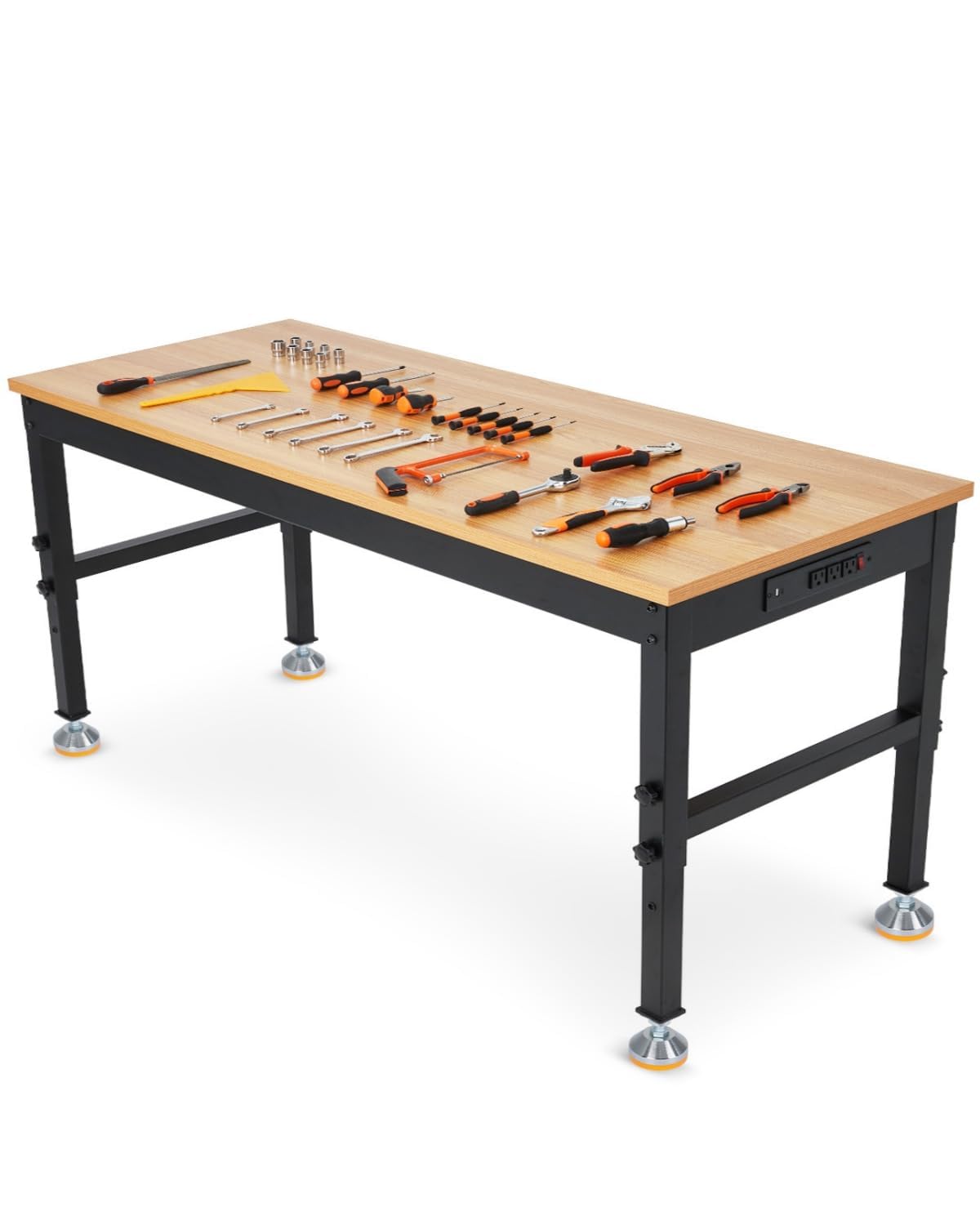 72" Adjustable Workbench for Garage 2500LB Cap Rubberwood Top Power Strip