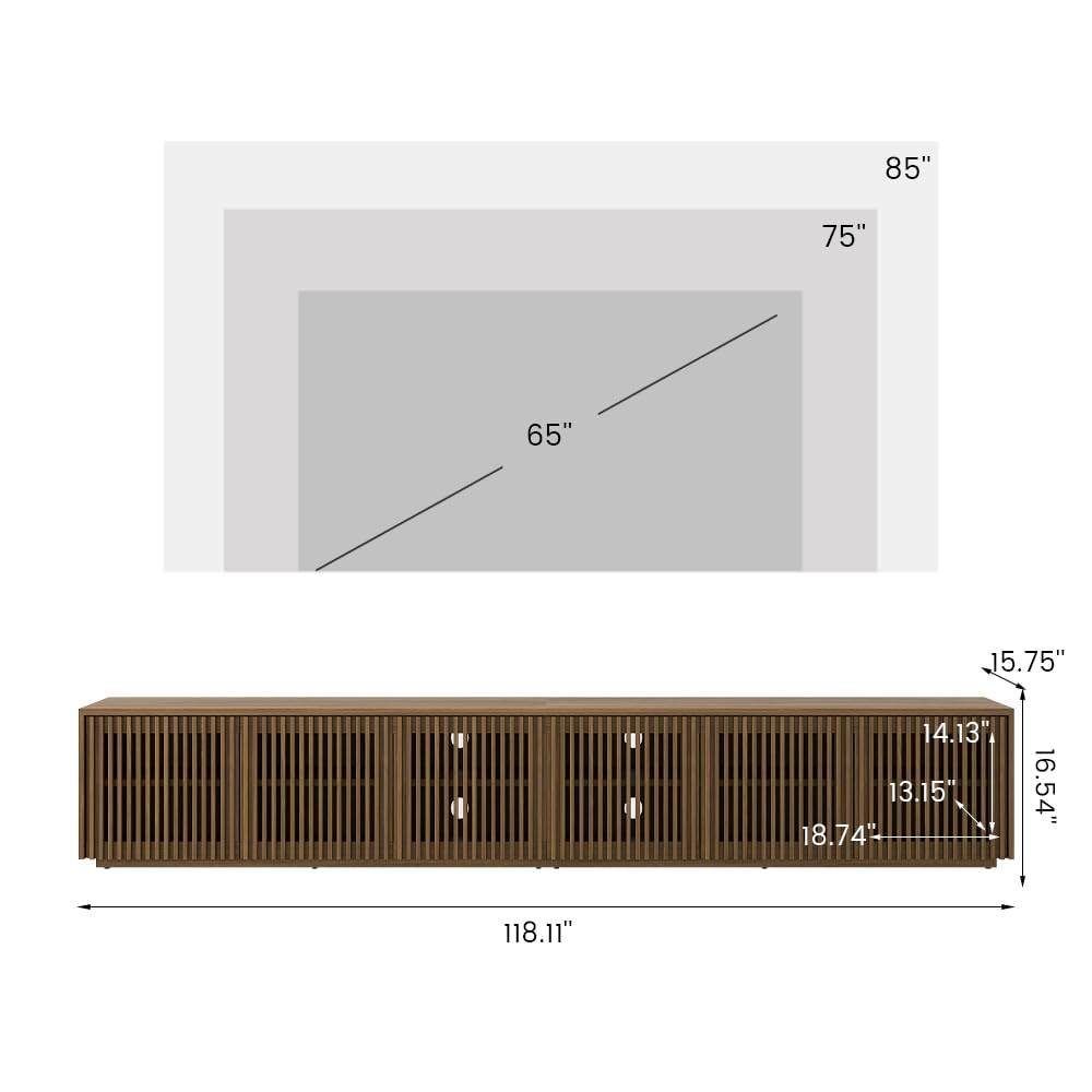 POVISON Full Assembled Mid Century Modern TV Stand, 118” Extra-Large Entertainment Center for 100 inch TV, Wood Slatted TV Media Console with Storage for Living Room Bedroom