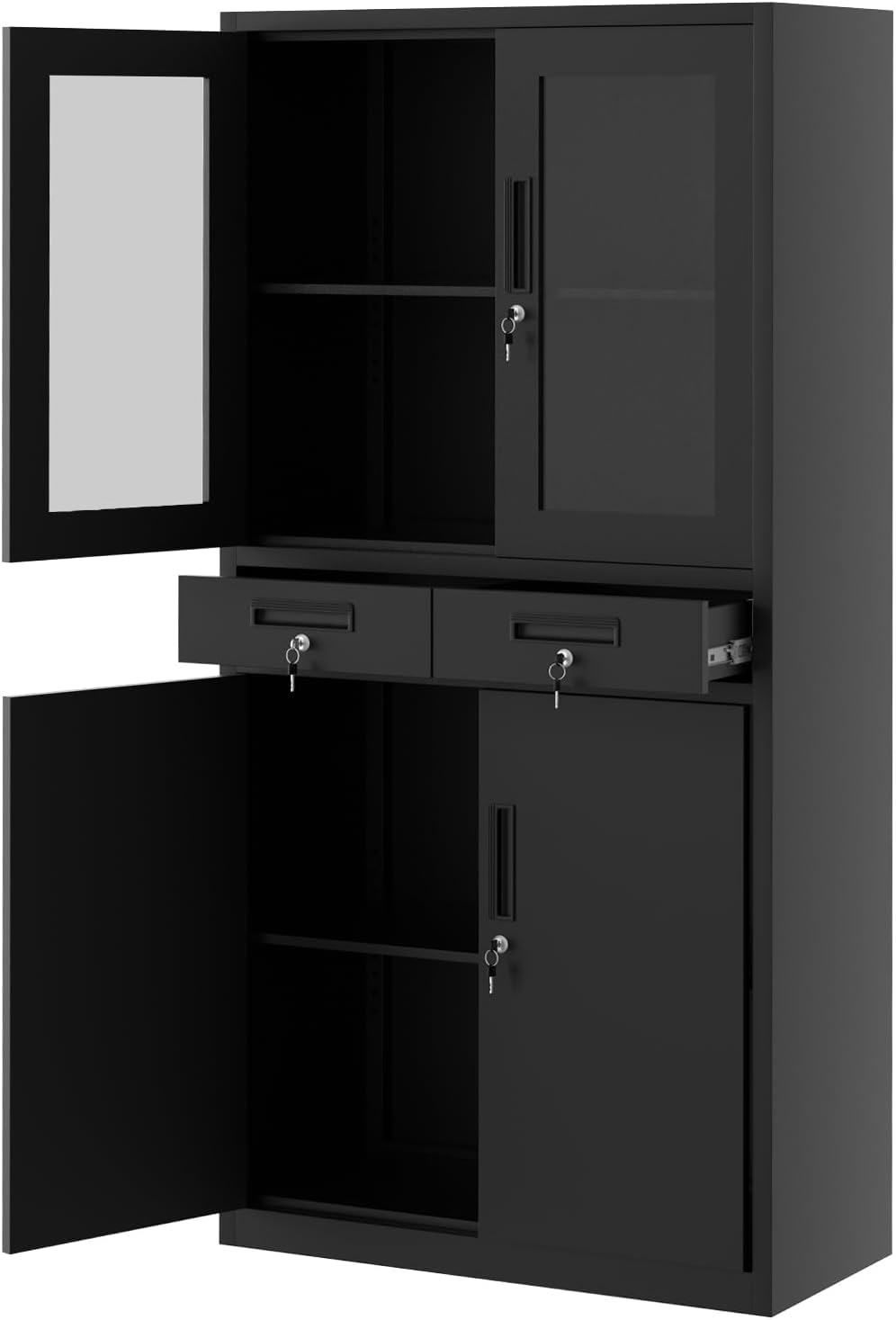 GarveeTech 71 in Black Metal Storage Cabinet with Glass Doors | 2 Drawers + 2 Adjustable Shelves, Locking Mechanism | Garage & Home Office Storage Solution