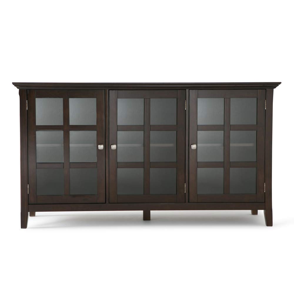 SIMPLIHOME Acadian Storage Cabinet - 62 inch Wide Solid Wood 3-Shelf Sideboard in Brunette Brown, Transitional Buffet for Living Room, Entryway, or Dining Room with Adjustable Shelves and Glass Doors