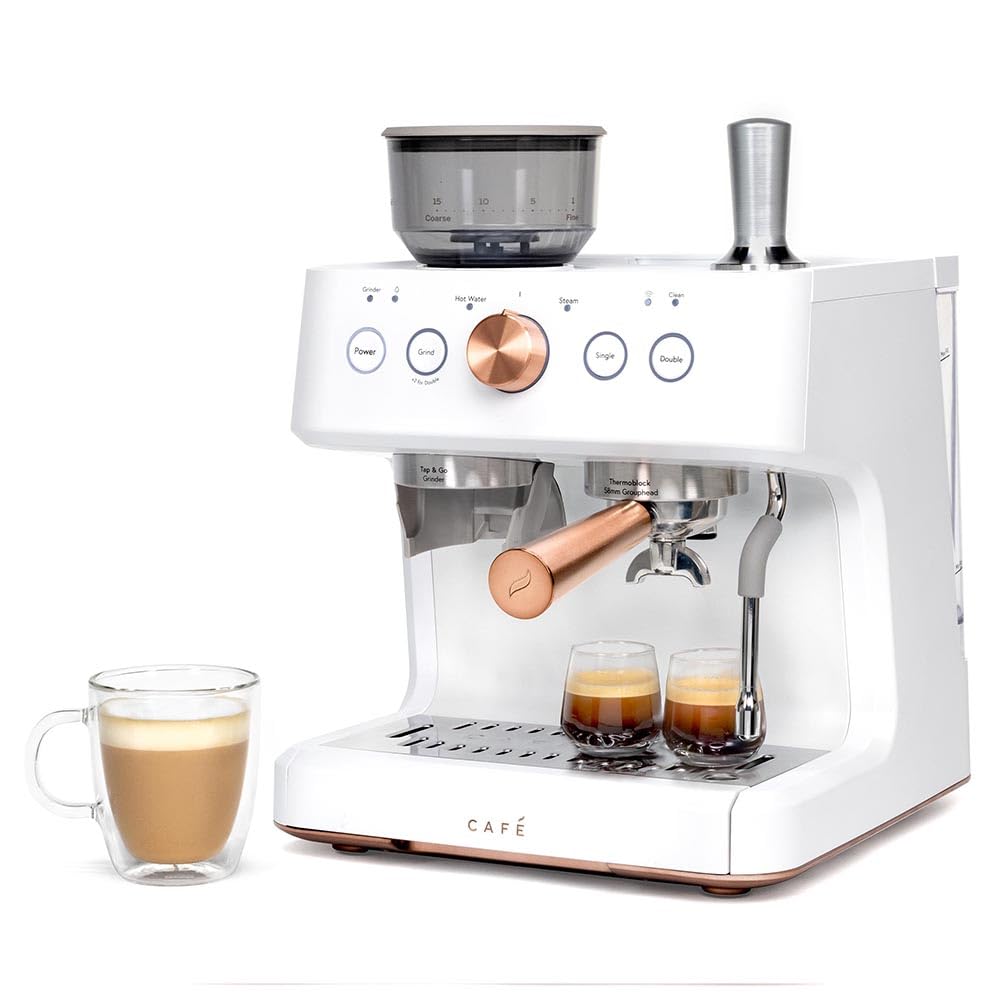 Café Bellissimo Semi Automatic Espresso Machine with Grinder & Milk Frother | Copper Accents | WiFi App Control | Large 95oz Tank | Matte White