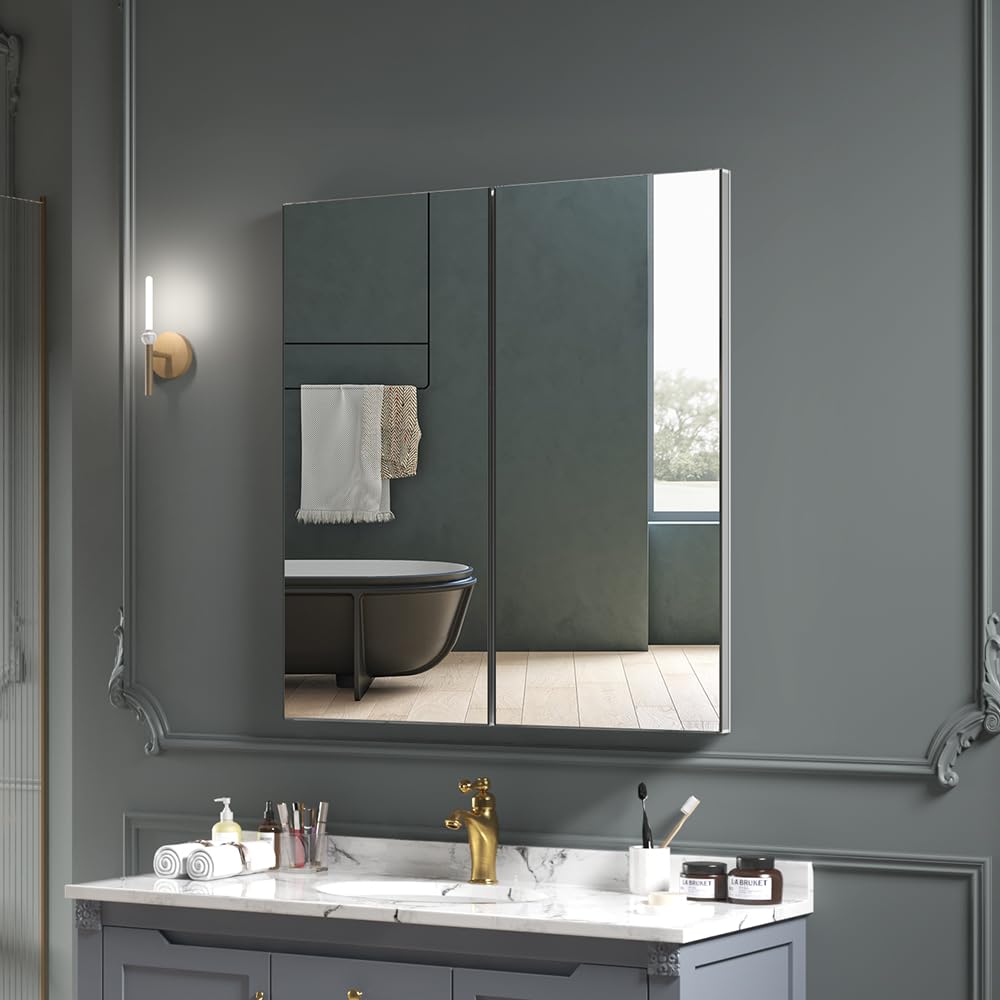 Quavikey 24"x26" 2-Door Medicine Cabinet with Mirror, Recessed or Surface