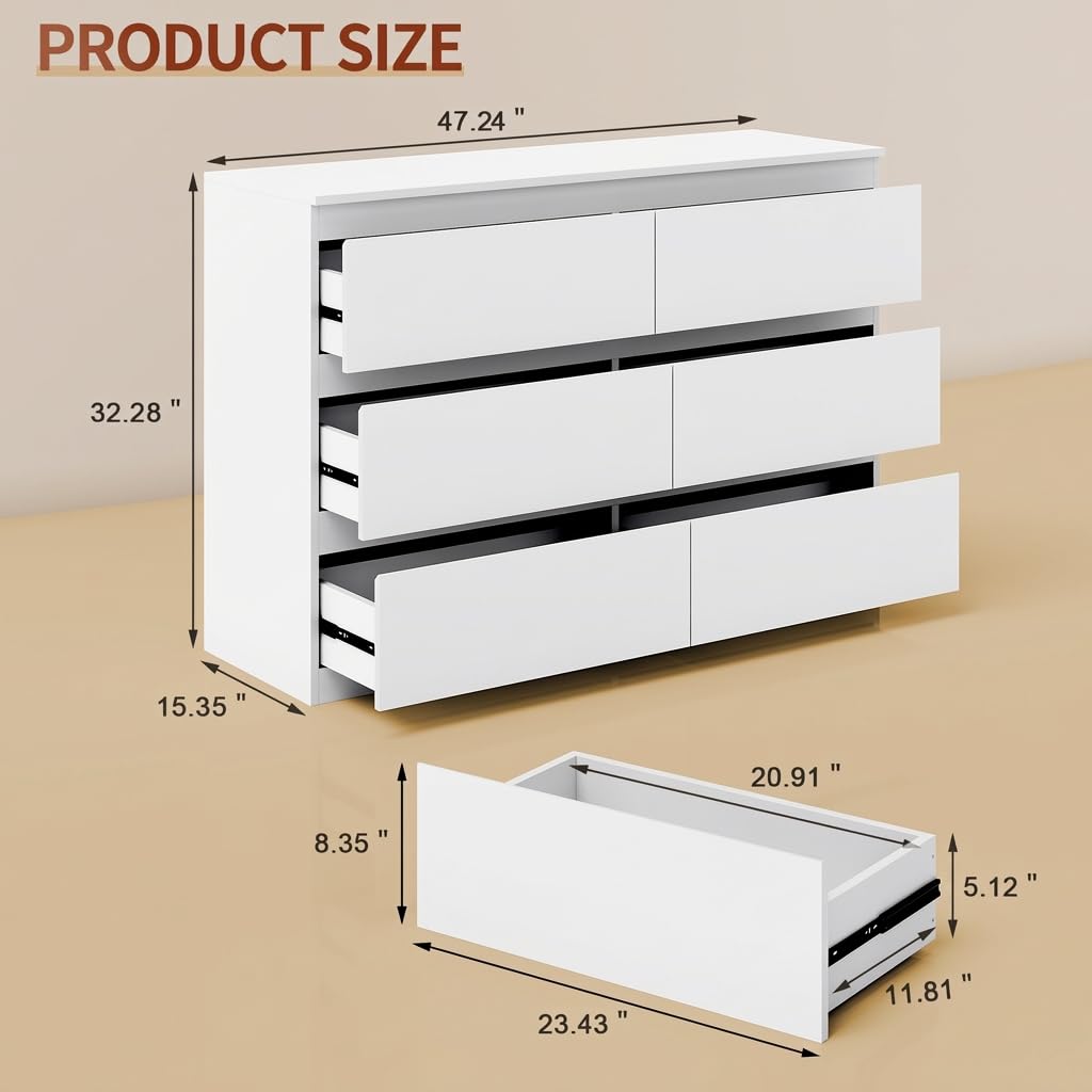 OtterOasis White 6 Drawer Dresser for Bedroom, Wood Dresser with Wide Drawers, Modern Dressers for Closet Storage, Wooden Chest Drawers for Entryway|TV Stand|Living Room
