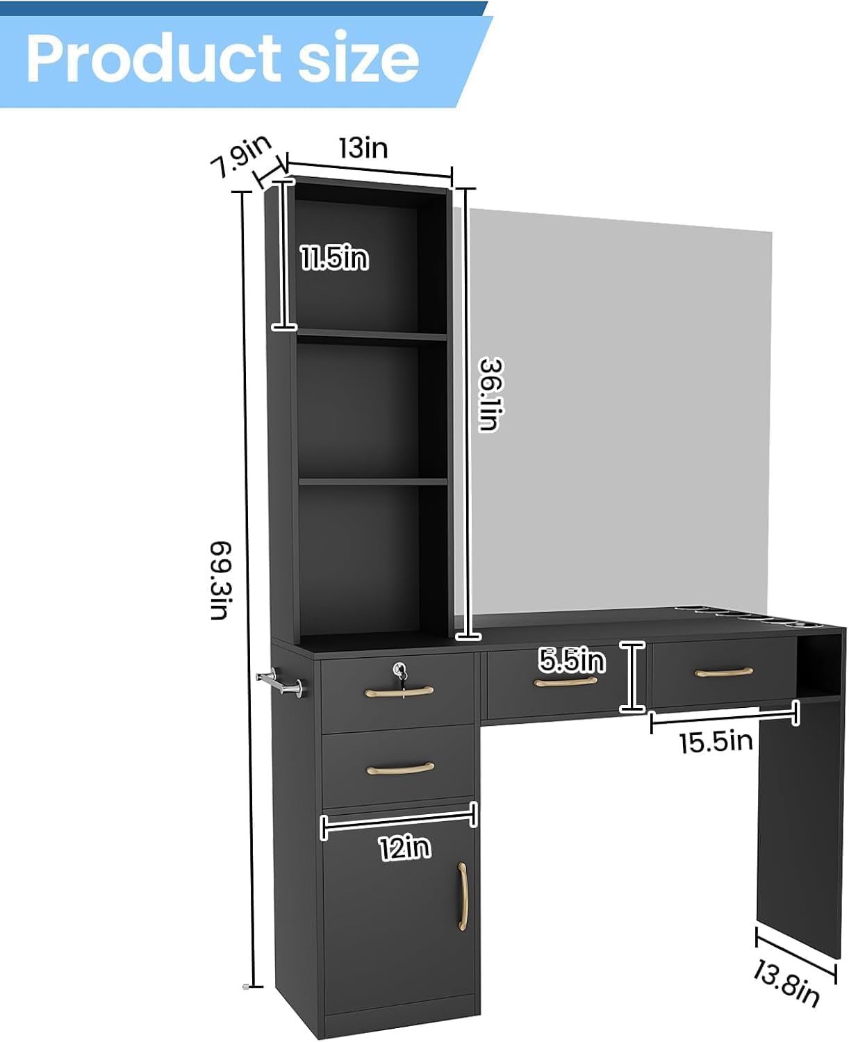 GOFEI Black Barber & Beauty Salon Station – Multi-Use Hair Styling Workstation with Cabinet, 4 Drawers, and Blow Dryer Rack – Ideal for Salons, Spas & Vanity Setups (No Mirror)