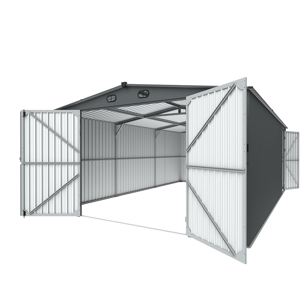 DIGMIGHT 13x20 ft Metal Garage Shed, Heavy-Duty Dark Grey Steel Outdoor Storage Building with Anti-Rust Coating for Workshop, Car, Lawn Equipment (13-20FT)