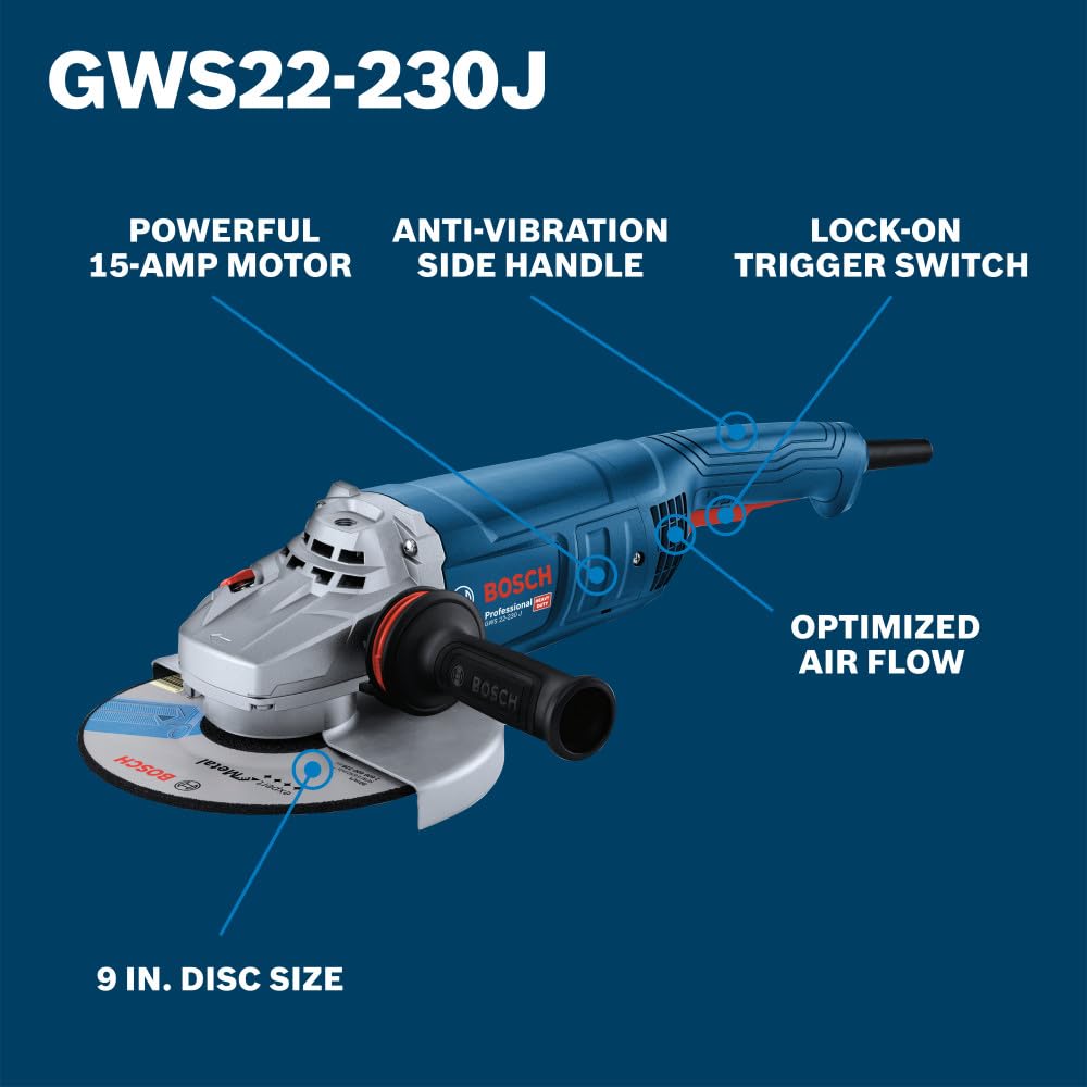 BOSCH GWS22-230J 9" Angle Grinder, 15-Amp Motor, 6,500 RPM for Heavy-Duty Grinding, Anti-Vibration Handle, Large Angle Grinder for Metalworking (Inc: Cutting Guard, Grinding Guard, and Handle)