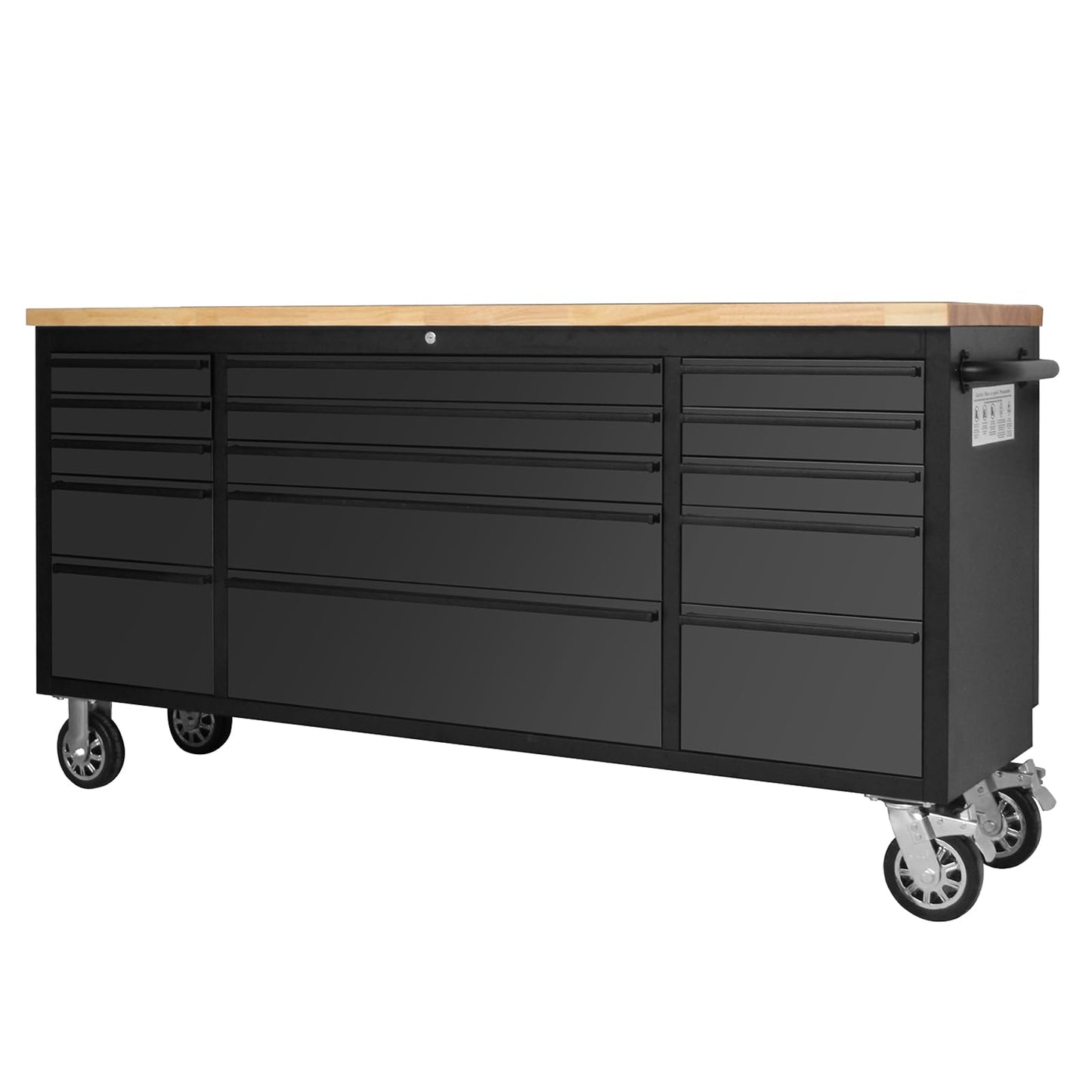 ExploreHorizon 72" Rolling Tool Chest with 15 Drawers - Heavy-Duty Steel & Rubber Wood Workbench on Wheels, Garage Workbench with Key Locking System, Drawer Liners for Warehouse Repair Shop, Black