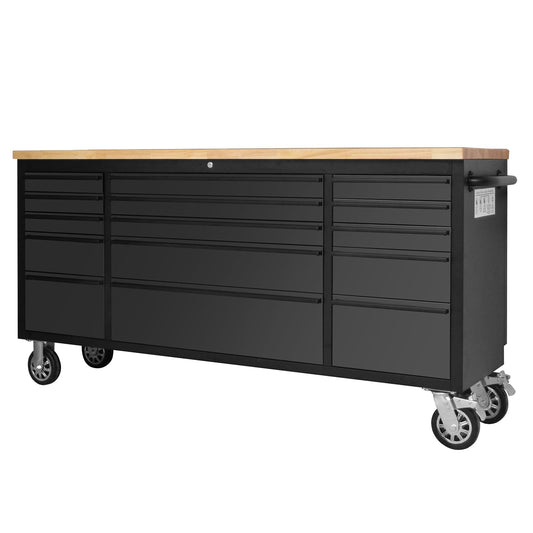 ExploreHorizon 72" Rolling Tool Chest with 15 Drawers - Heavy-Duty Steel & Rubber Wood Workbench on Wheels, Garage Workbench with Key Locking System, Drawer Liners for Warehouse Repair Shop, Black