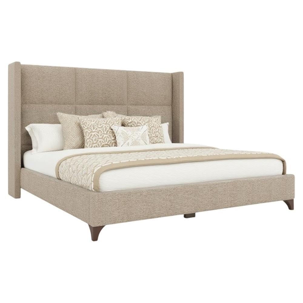 BOWERY HILL Modern Upholstered King Bed, Solid Wood Frame, Tan Performance Fabric, Square Panel Headboard, 57.5 in Tall, Adjustable Base Compatible, Box Spring Required, Elegant Bedroom Furniture