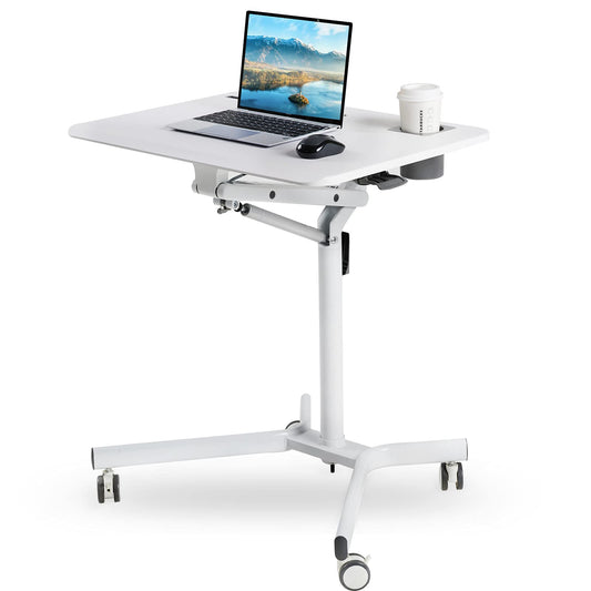 Lipo Mobile Sit Stand Desk - Height Adjustable Standing Laptop Desk Cart Rolling Couch Table on Wheels White Workstation with Gas Spring Riser for Home Office Classroom
