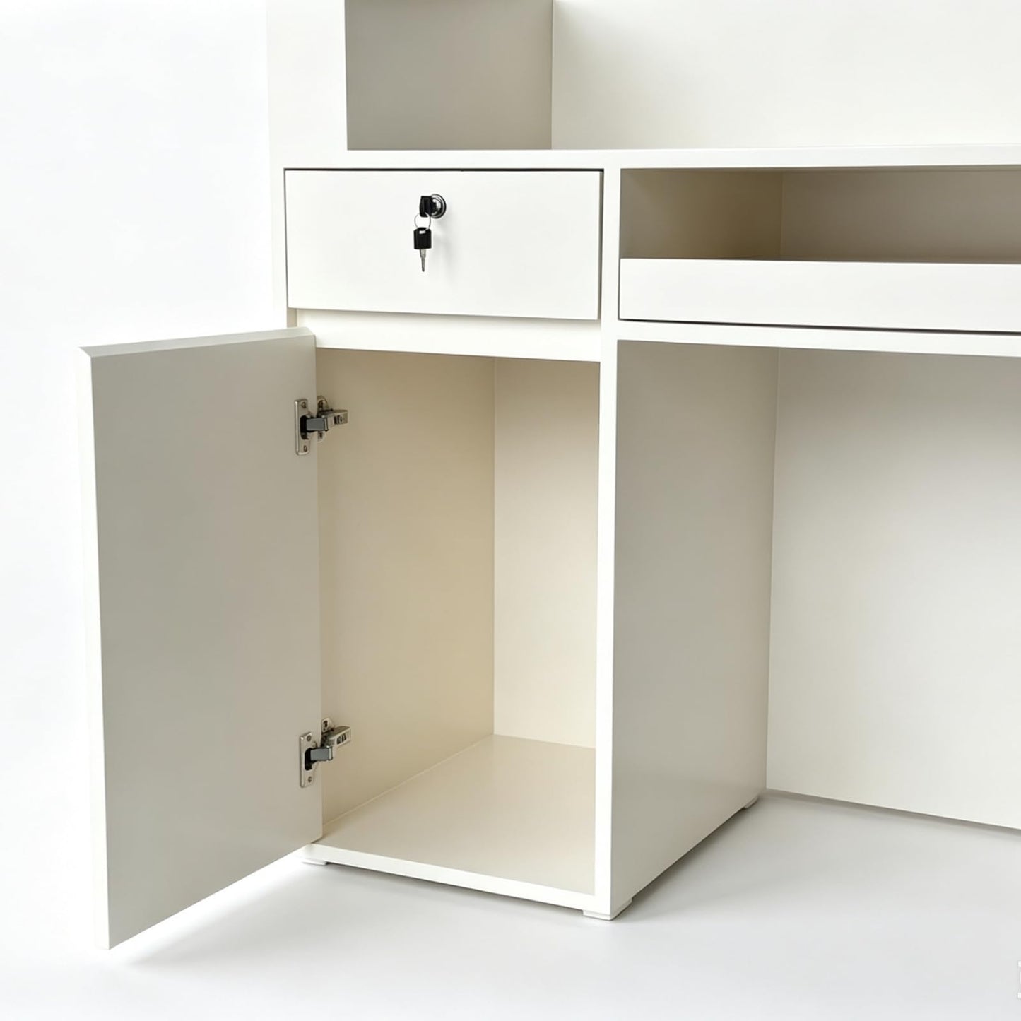 M2 Retail Reception Desk, No Assembly Required with Drawer & Storage Cabinet, Cable Management & LED Light, Modern Design for Office, Salon, SPA, Lobby (Beige+Wood, 1800 * 600 * 1000/71 * 24 * 39")