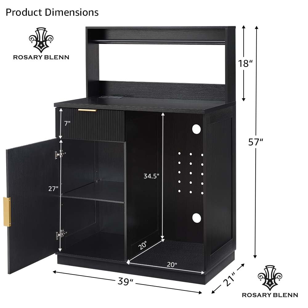 Rosary Blenn Coffee Bar Cabinet with Mini Fridge Space and Power Outlet, 39" Matte Black Wood Grain Finish Kitchen Cabinet with Drawer Storage and Adjustable Shelves for Dining Room